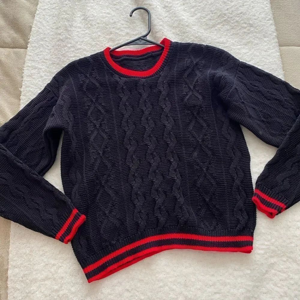 Vintage Black Knit Sweater Red Athletic Stripe Detail Size Small Retro Preppy